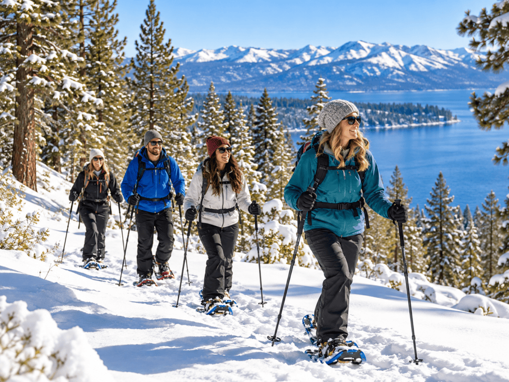 Guided snowshoe tour overlooking Lake Tahoe in winter