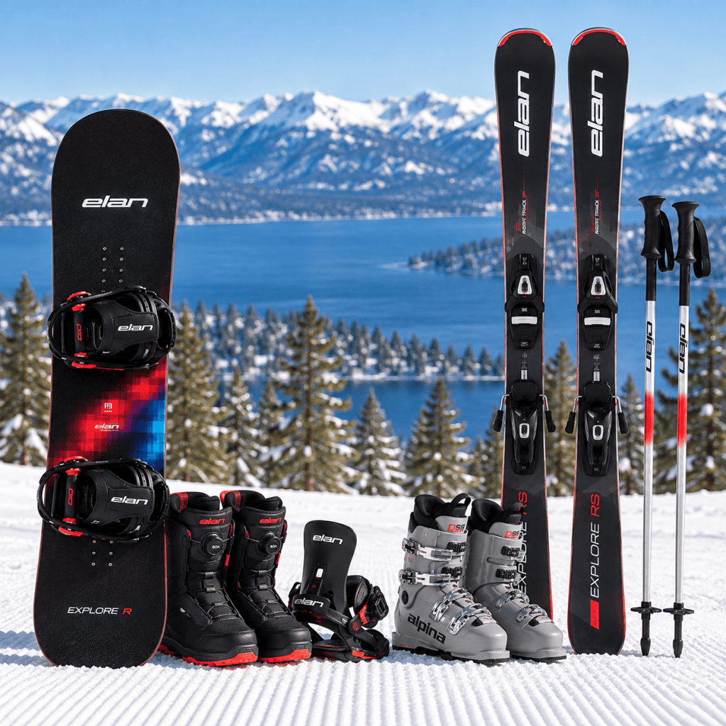 Elan ski and snowboard rental equipment overlooking Lake Tahoe